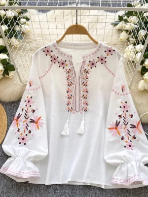 Sweet Embroidered Flare Sleeve Women’s Blouse