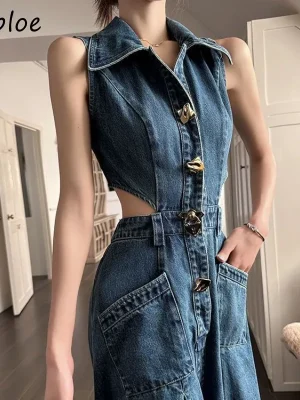 Women’s Slim Waist Denim Halter Dress