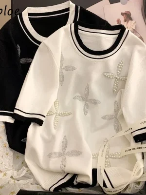 Ice Silk Beaded Knit T-Shirt