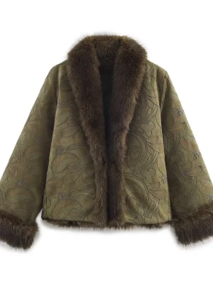 Elegant Women’s Embroidered Faux Fur Cardigan Jacket