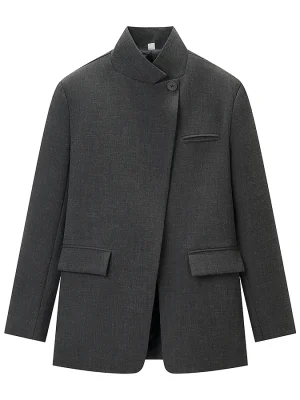 Women Dark Grey One Button Asymmetrical Blazer