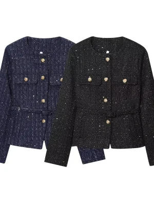 Women’s Sequin Belted Jacket Button Long Sleeve Coat