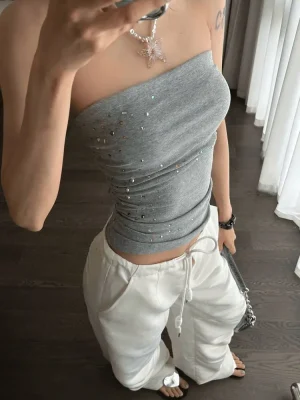 Sexy Rhinestone Off-Shoulder Crop Top
