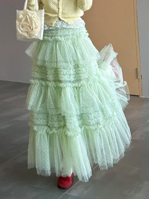 Sweet Ruffle Mesh High Waist Skirt