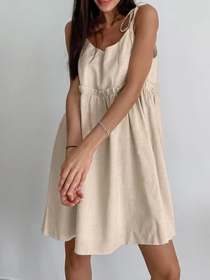 Khaki Linen Mini Dress Spaghetti Strap Summer Style