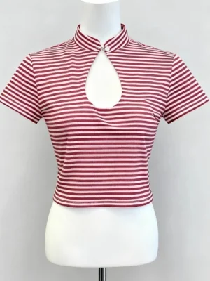 Korean Chic Striped Hollow-Out Crop T-Shirt