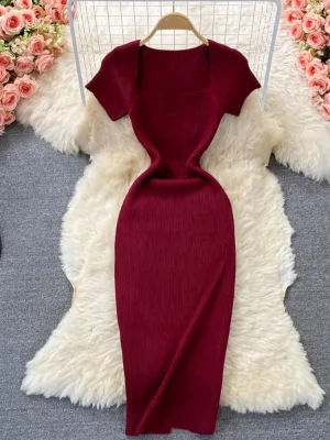 Elegant Square Neck Bodycon Knit Dress