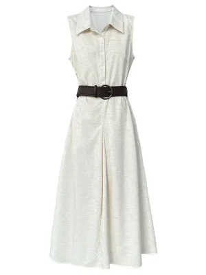 Women’s Sleeveless Cotton Linen Maxi Dress with Belt