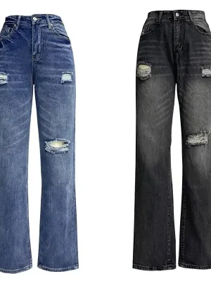 High-Waist Distressed Wide Jeans
