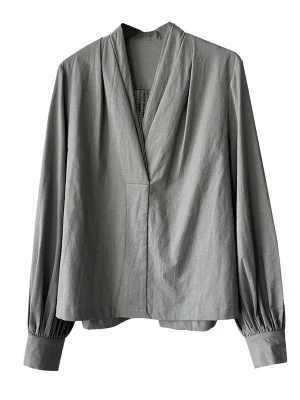 Womens White V Neck Puff Sleeve Blouse