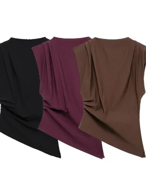 Women Vintage Pleated Sleeveless Irregular Hem Top