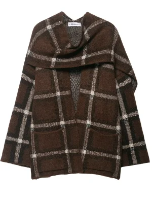 Women Plaid Knit Scarf Collar Oversized Cardigan Coat