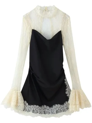 Women Vintage Lace Patchwork Slim Long Sleeve Mini Dress