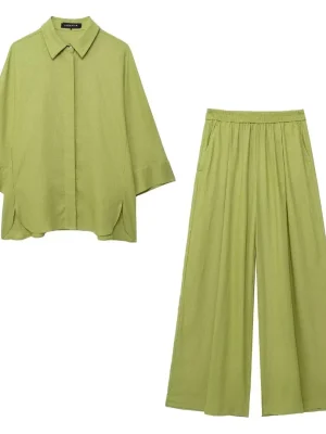Women Solid Blouse and Elastic Waist Pant Set