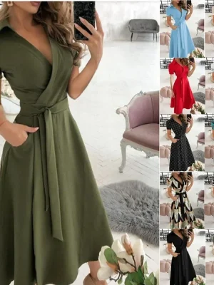 Women's V-Neck High Waist Casual Dress