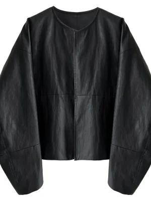 Women’s PU Leather O-Neck Jacket