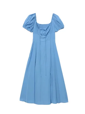 Women’s Blue Maxi Dress Square Neck Short Sleeve