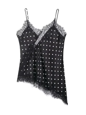 Women Polka Dot Lace Asymmetrical Hem Cami Top