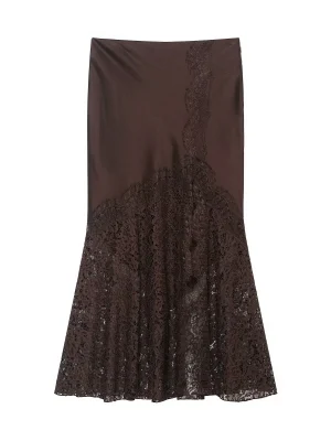 Spring Summer High Waist Lace Hem Slit Midi Skirt