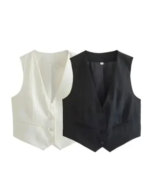 Women Chic White V Neck Single Breasted Vest