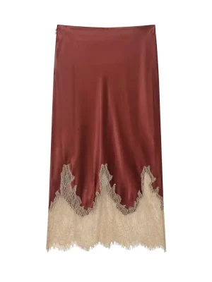 Elegant Lace Patchwork Satin Midi Skirt