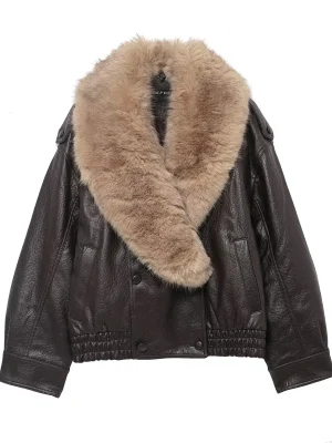 Women Faux Leather Fur Collar Oversized Jacket