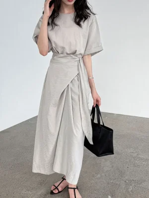 Cotton Blend Lace-Up A-Line Maxi Dress