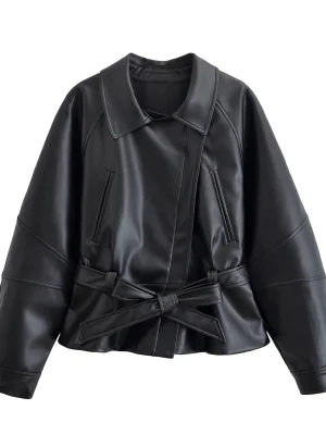 Women Vintage Faux Leather Belted Moto Trench Jacket